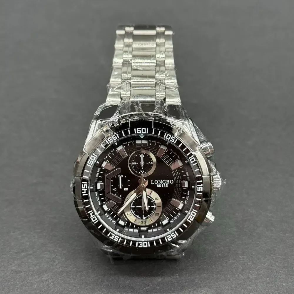 Longbo 80135 Men's Quartz Chronograph 12-Hour Black Dial Silver Steel Watch
